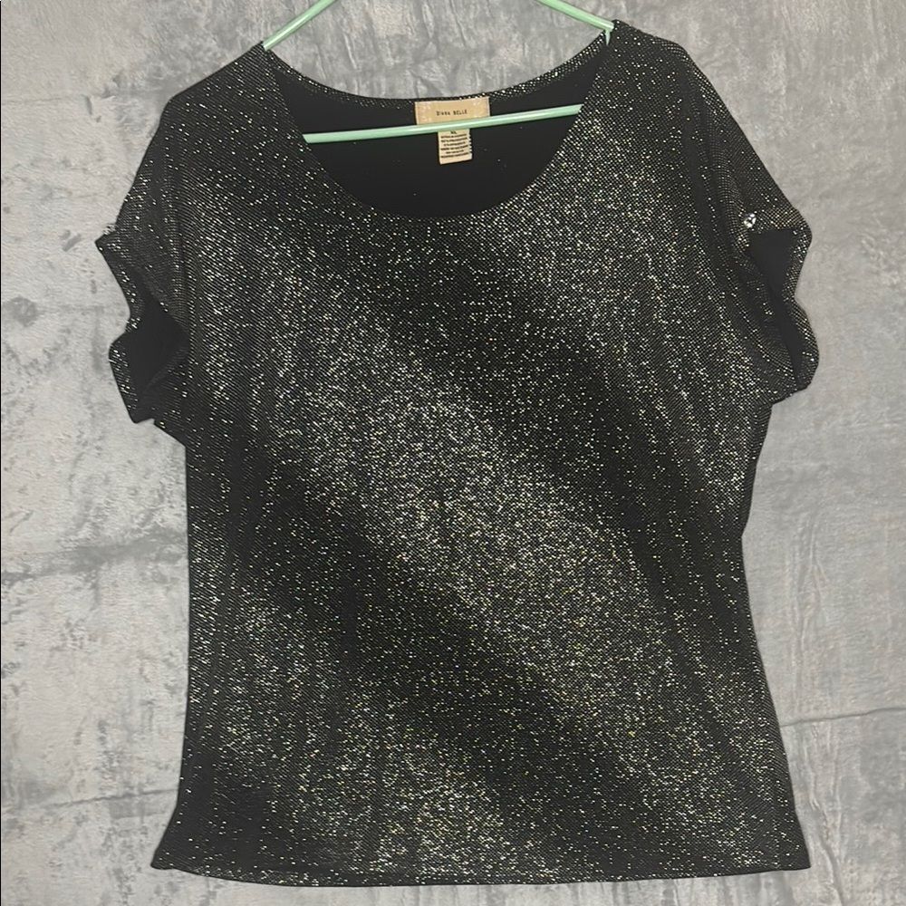 Diana Belle Sparkly Glitter Black Short Sleeved Crew Neck Top Size XL